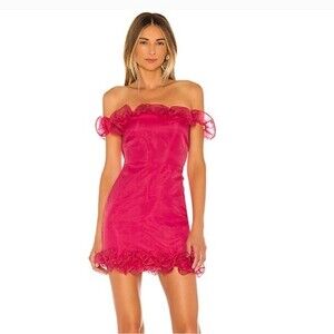 Lovers + Friends Pink Tulle Ruffle Off The Shoulder Pink Mini Taffeta Dress Sz S